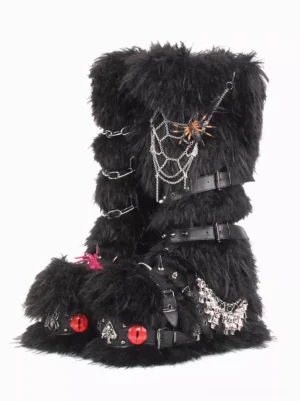 gothic-lolita-platform-boots-black-faux-fur-front-view-spider-web-chain-embellishments-red-eye-accents