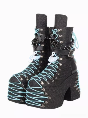 gothic-lolita-platform-boots-black-glitter-spiked-buckles-blue-lacing-front-view-white-background