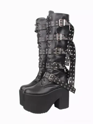 gothic lolita platform boots front three quarter view black pu leather grommet straps round toe wedge heel knee high