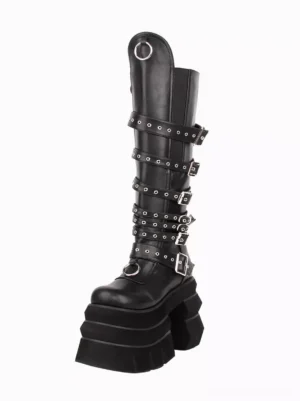 Black Gothic Lolita platform knee-high boots left oblique side view showing multi-buckle grommet straps thick layered block wedge heel and round toe design