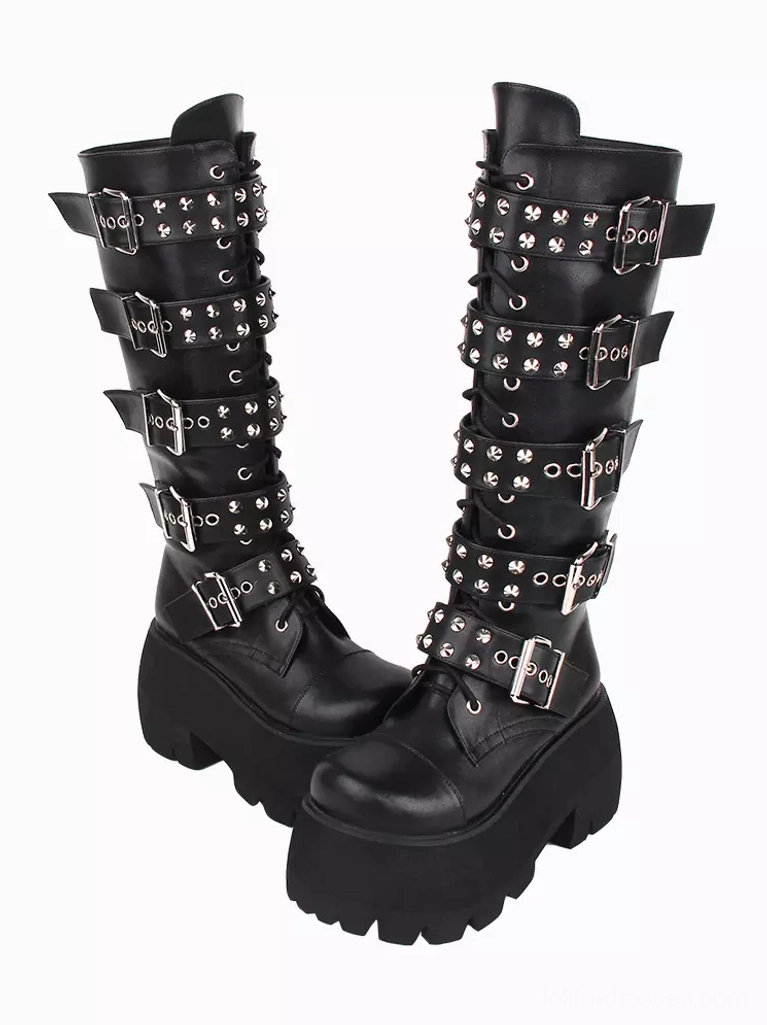 Pair of gothic lolita platform boots flower studded buckles thick platform sole round toe front display