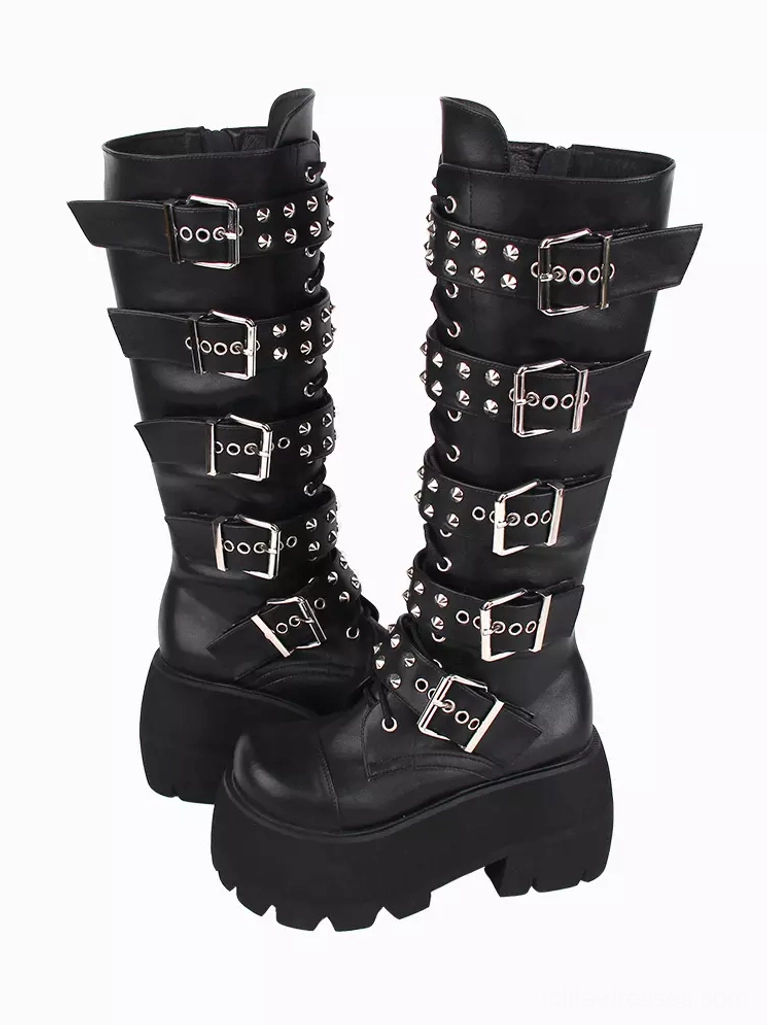 Gothic lolita platform boots pair black pu leather round toe metallic rivets studs front display view
