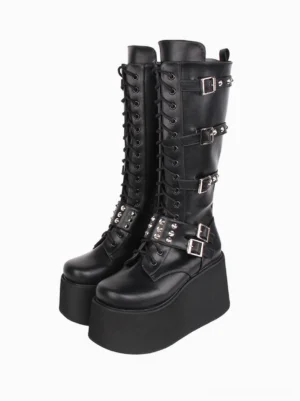 Gothic Lolita platform boots black PU leather front view pair double display riveted buckle straps round toe thick sole