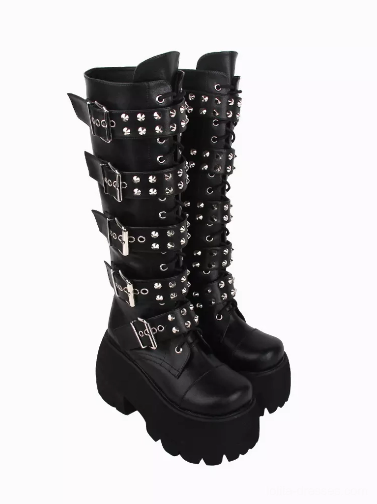 Two gothic lolita platform boots back display view studded buckle details matte black leather finish