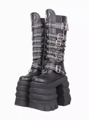 Black Gothic Lolita platform boots with metal grommets front view, chunky stacked heel, round toe PU leather construction