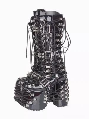 Black gothic lolita platform boots with metal studs and buckles left three-quarter front view showing patent PU leather finish