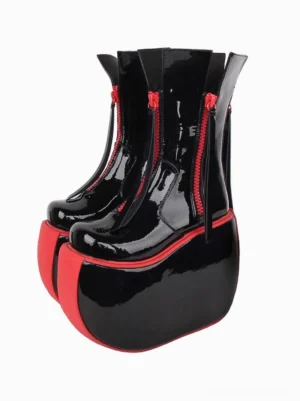 gothic-lolita-platform-boots-black-patent-leather-dual-front-zippers-red-trim-front-view