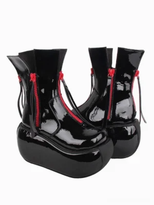 Black patent leather gothic lolita platform boots glossy finish red zippers chunky sole rear three-quarter view