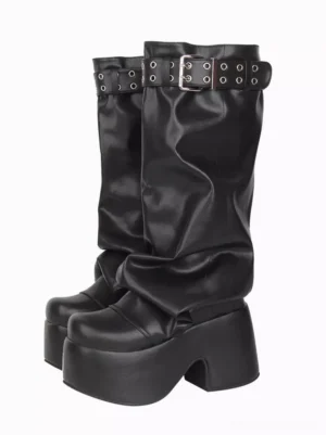 Gothic Lolita platform boots black PU leather front three-quarter view with dual metal buckle straps chunky platform heel mid-calf length