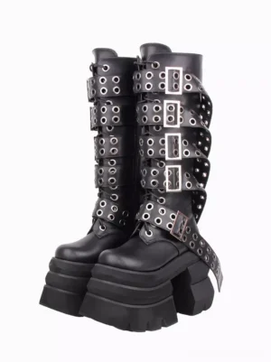 Gothic Lolita black platform boots front view with multi-grommet buckle straps and chunky wedge platform sole