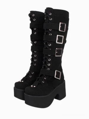 Gothic Lolita platform boots front three-quarter view pair black matte PU leather chunky platform heel with metal buckles and lace-up design