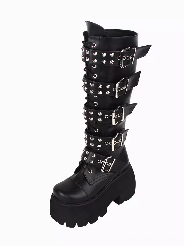 Gothic lolita platform boot flower-shaped metal studs silver buckles chunky platform sole side profile