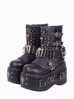 Gothic Lolita platform boots in black PU leather with metallic rivets buckles and ring hardware front three-quarter pair view