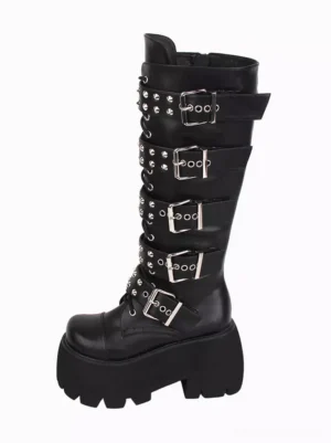 Single gothic lolita knee-high platform boot silver buckle strap glitter finish three-quarter angle