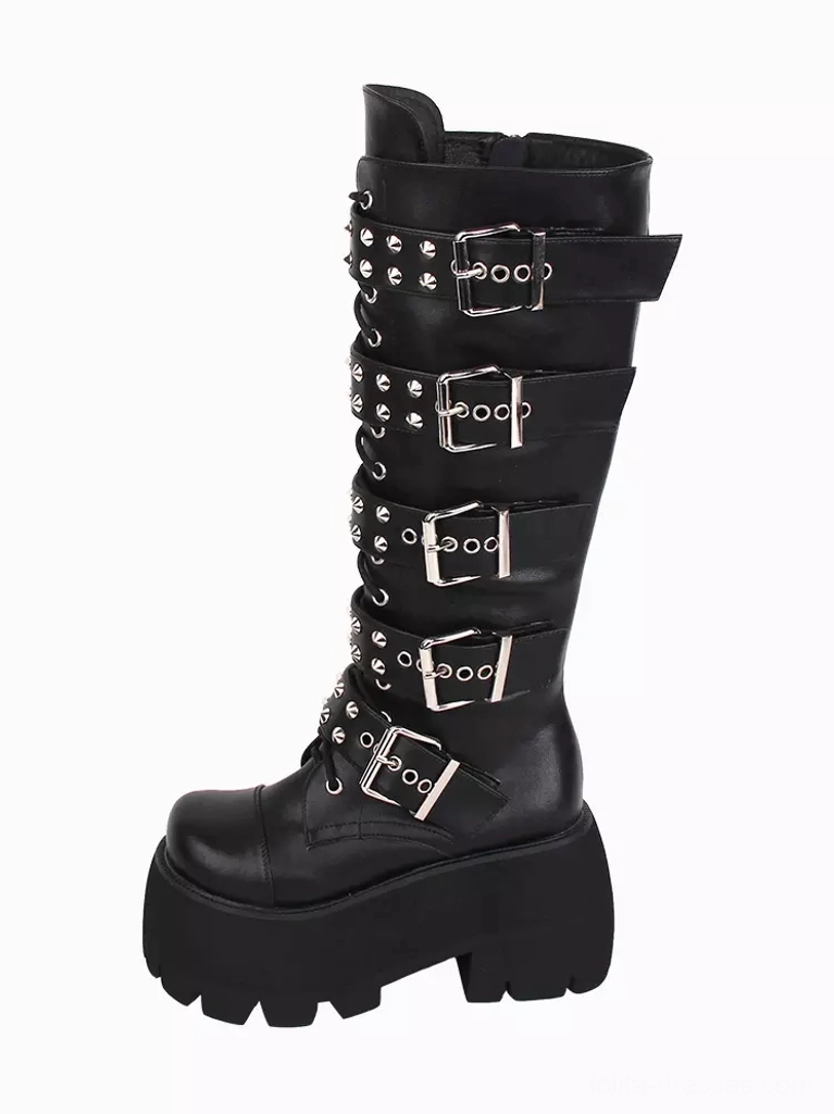 Single gothic lolita knee-high platform boot silver buckle strap glitter finish three-quarter angle