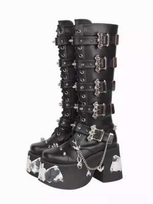 Gothic lolita platform boots black PU leather front double angle view with silver chain bat metal details round toe wedge heel