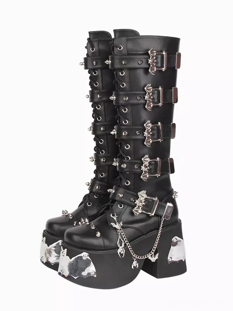 Gothic lolita platform boots black PU leather front double angle view with silver chain bat metal details round toe wedge heel