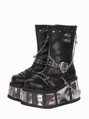 Gothic lolita platform boots front view paired display black PU leather with silver chain buckle and rivet decorations mirror finish wedge sole