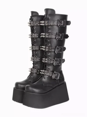 Gothic lolita platform boots front paired display black PU leather skull buckle studded straps wedge heel