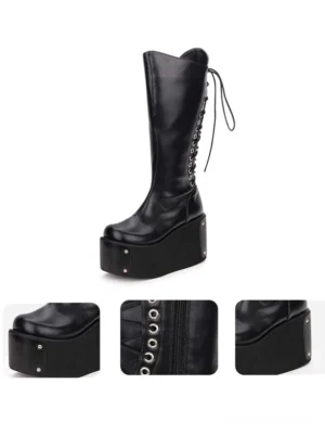 gothic-lolita-platform-boots-black-rear-view-drawstring-lace-back-closure-wedge-platform-sole