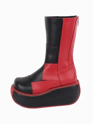 Black gothic lolita platform boot side profile view showing round toe, thick wedge sole, red accent trim, and back zipper closure on white background