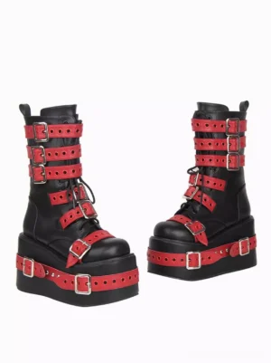 Gothic Lolita boots separated flat lay display front view black leather multi-layer red buckle straps round closed toe platform sole