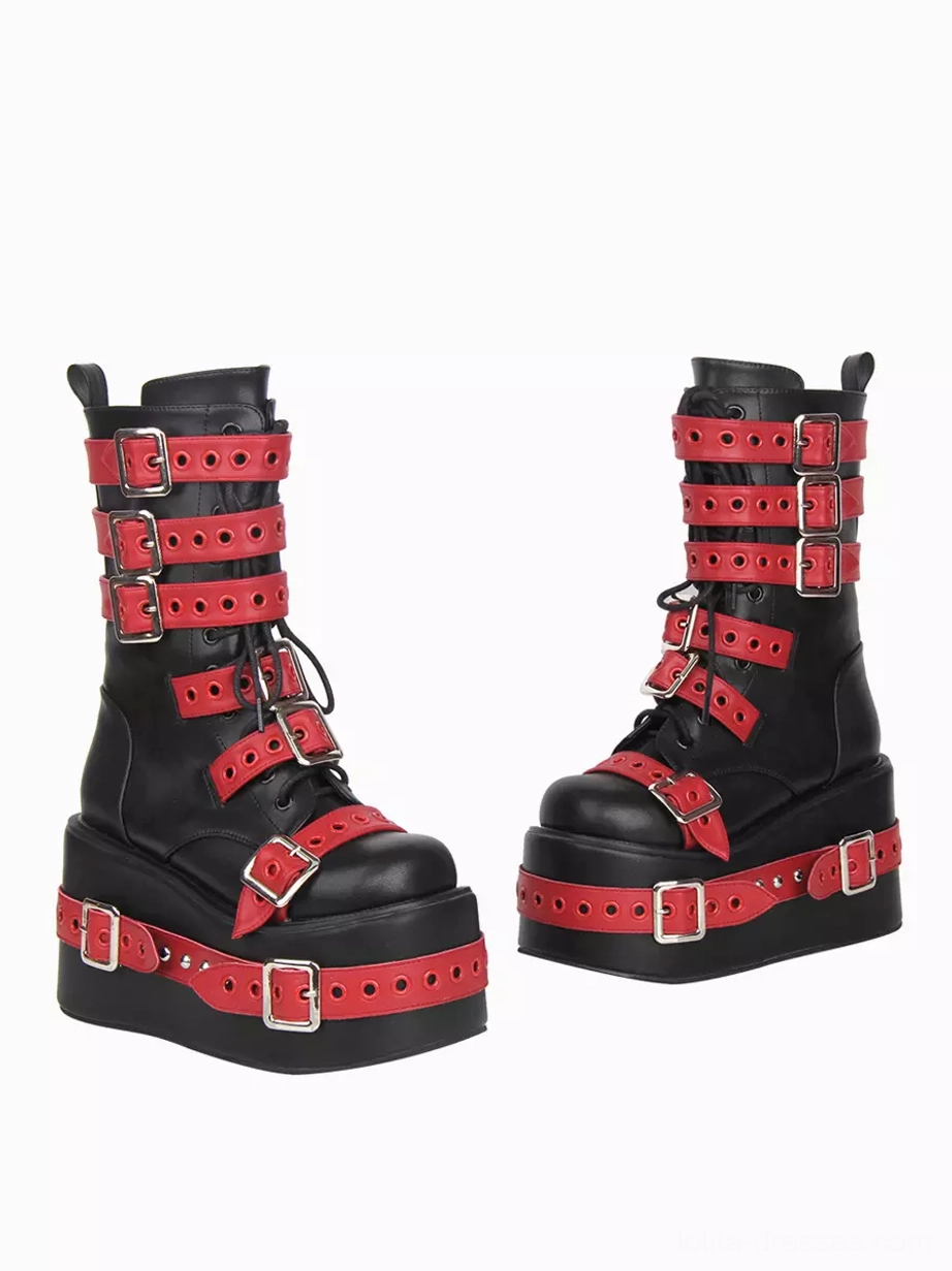 Gothic Lolita boots separated flat lay display front view black leather multi-layer red buckle straps round closed toe platform sole