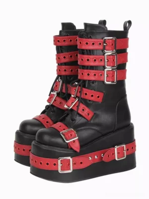 Gothic Lolita platform boots pair front three-quarter view black PU leather red decorative buckle straps silver metal studs thick wedge sole