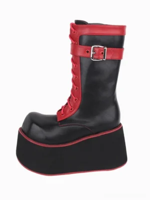 Gothic Lolita platform boots right side profile view displaying contrasting black upper and red trim details thick wedge platform heel and adjustable buckle strap hardware