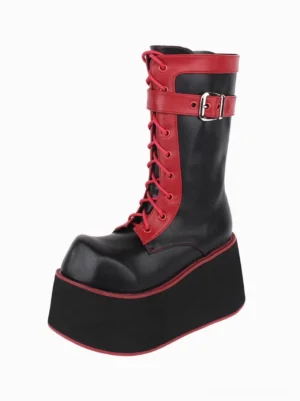 Gothic Lolita platform boots black red color blocking left side three-quarter view showing lace-up front closure buckle ankle strap and red-trimmed elevated platform sole