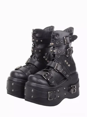 Gothic Lolita platform boots black rivet studded round toe front three-quarter view studio display