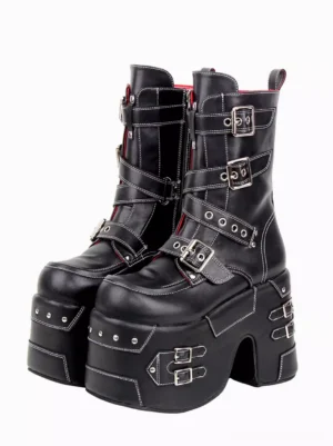 Gothic lolita platform boots black rivets studded wedge heel front double boot display pure white background silver buckles