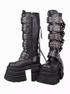 Side profile of Gothic Lolita platform boots showing inner zipper closure and thick layered lug platform heel