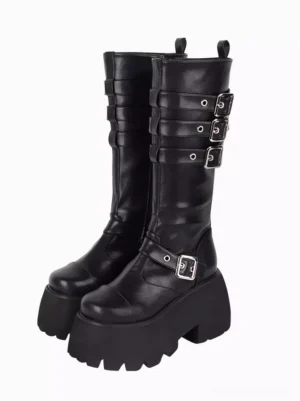 Gothic Lolita platform boots black PU leather silver buckles front paired view round toe chunky lug sole