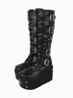 Black gothic lolita platform boots front oblique view with silver buckles cross ornaments studded platform sole lace-up round toe