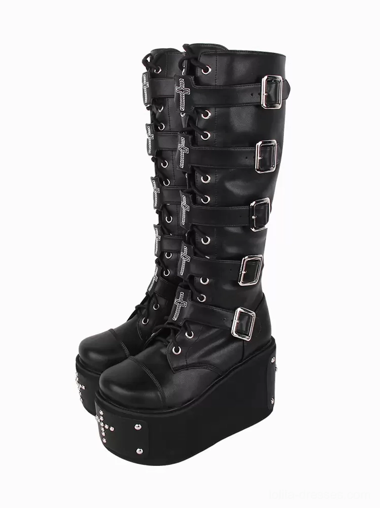 Black gothic lolita platform boots front oblique view with silver buckles cross ornaments studded platform sole lace-up round toe