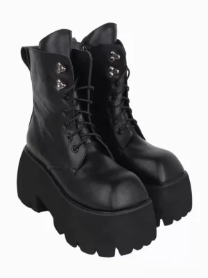 Black gothic lolita combat boots with double silver grommets lace-up closure left side view metallic