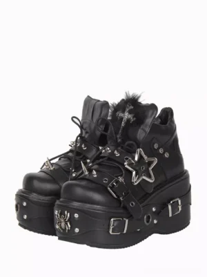 Gothic Lolita platform ankle boots front three-quarter paired shoe display black PU leather silver star buckles studs spider cross ornament fuzzy collar