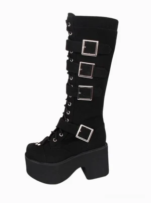 Single gothic lolita platform boot left side three-quarter angle black round toe thick block heel multiple metal buckles detail
