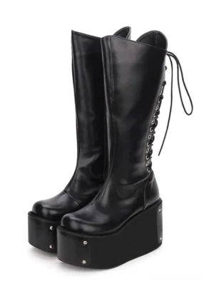 gothic-lolita-platform-boots-black-solid-leather-metal-studded-sole-front-three-quarter-paired-display