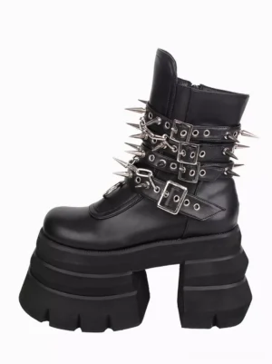 Gothic Lolita platform boots black PU leather left three-quarter view spike studs grommets silver chain decorations chunky block heel round toe