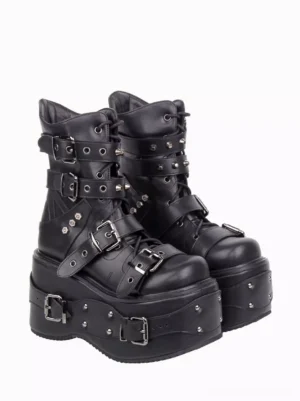 Black gothic Lolita boots side profile showing lace-up studded hardware thick wedge sole alternative fashion