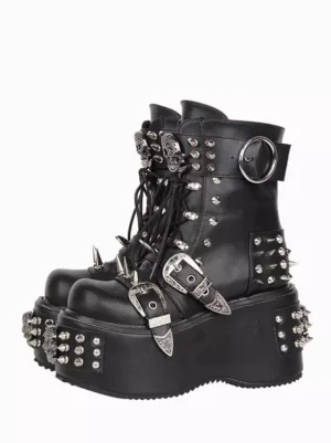 Black Gothic Lolita platform boots with studded silver hardware and skull decorations paired display front three-quarter view white background