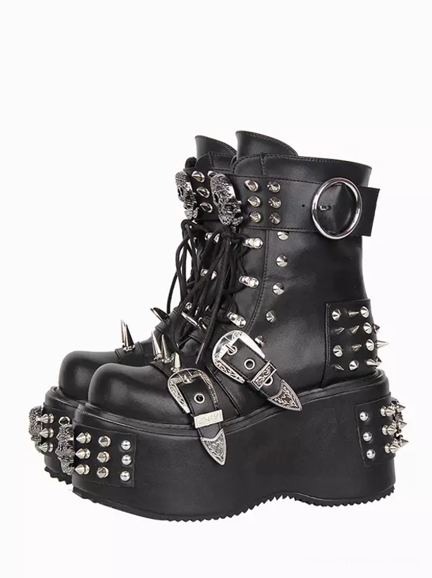 Black Gothic Lolita platform boots with studded silver hardware and skull decorations paired display front three-quarter view white background