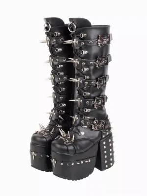 Black gothic lolita platform boots with silver metal spikes and grommets, studded platform wedge heel, front oblique view showing round toe design and metallic embellishments