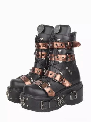 Gothic lolita platform combat boots front three-quarter view showing black PU leather with bronze buckle straps and metal spider decoration on thick wedge sole