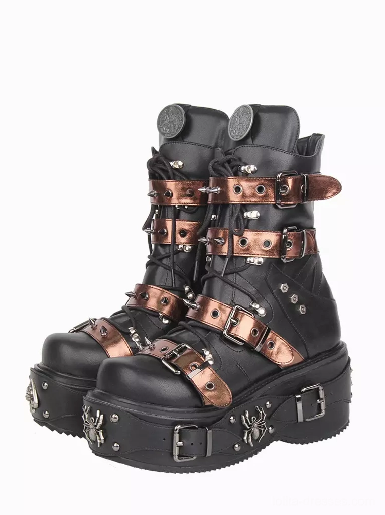 Gothic lolita platform combat boots front three-quarter view showing black PU leather with bronze buckle straps and metal spider decoration on thick wedge sole