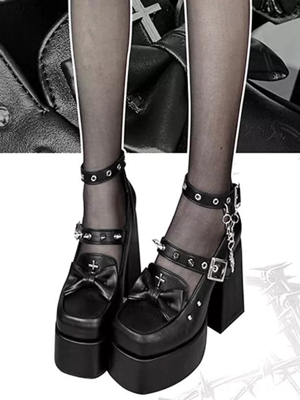 Black gothic punk lolita shoes side profile showing chunky platform heel metal chain ankle strap and studded buckle details
