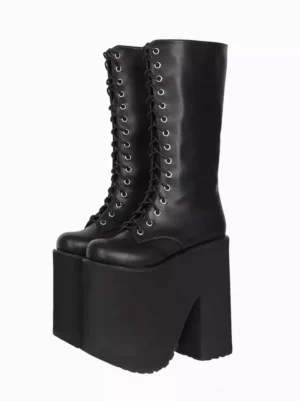 Gothic Lolita black platform boots front three-quarter pair view chunky block heel PU leather lace-up design