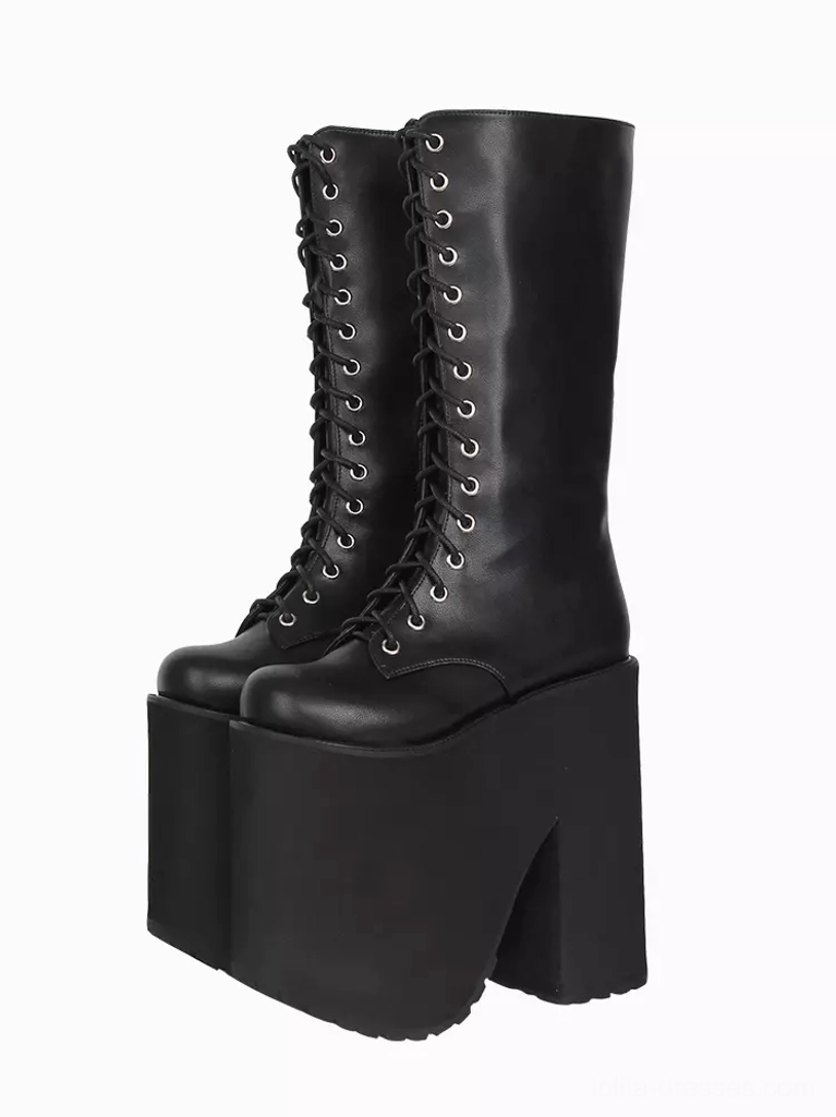 Gothic Lolita black platform boots front three-quarter pair view chunky block heel PU leather lace-up design